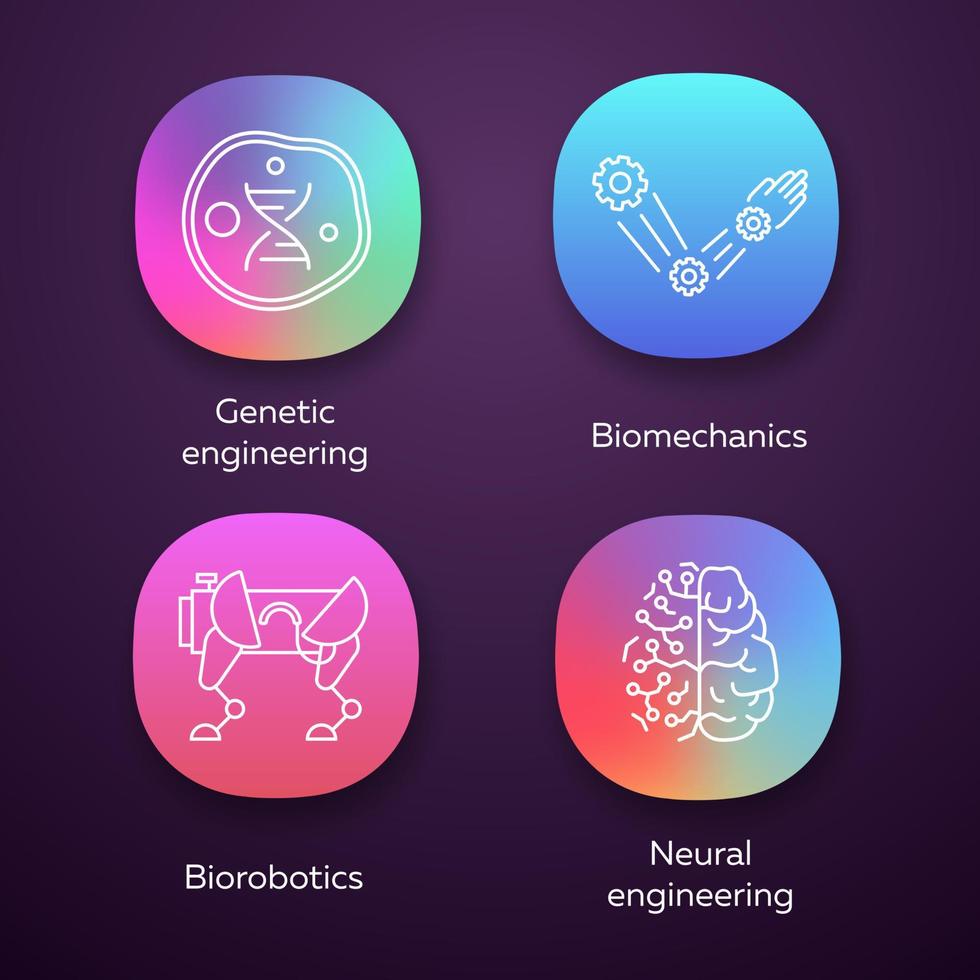 Bioengineering-App-Symbole festgelegt. Gentechnik, Biomechanik, Biorobotik, Neurotechnik. Biotechnologie. ui ux-Benutzeroberfläche. Web- oder mobile Anwendungen. Vektor isolierte Illustrationen