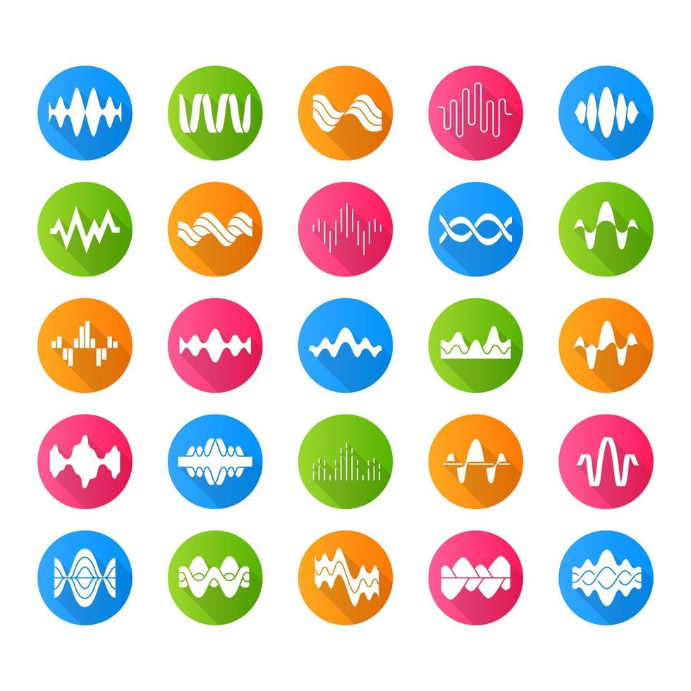 Ton- und Audiowellen flaches Design lange Schatten-Glyphen-Symbole gesetzt. Musik digitale Kurve Schallwellen. Sprachaufzeichnung, Funksignale. Vibration, Rauschamplitudenpegel. Vektor-Silhouette-Illustration vektor