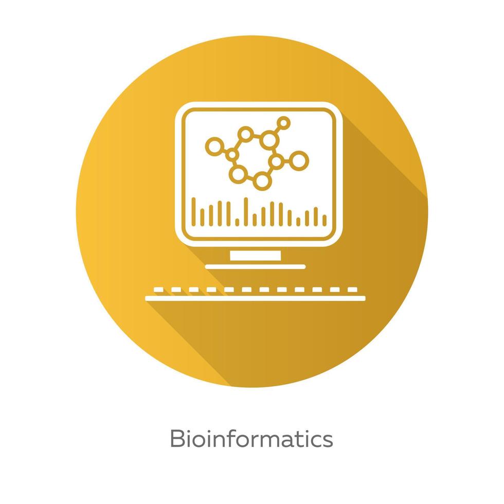 bioinformatik gul platt design lång skugga glyfikon. forskning om mänskligt genom. informationsanalys med dator. biologiska data. genetik info. bioteknik. vektor siluett illustration