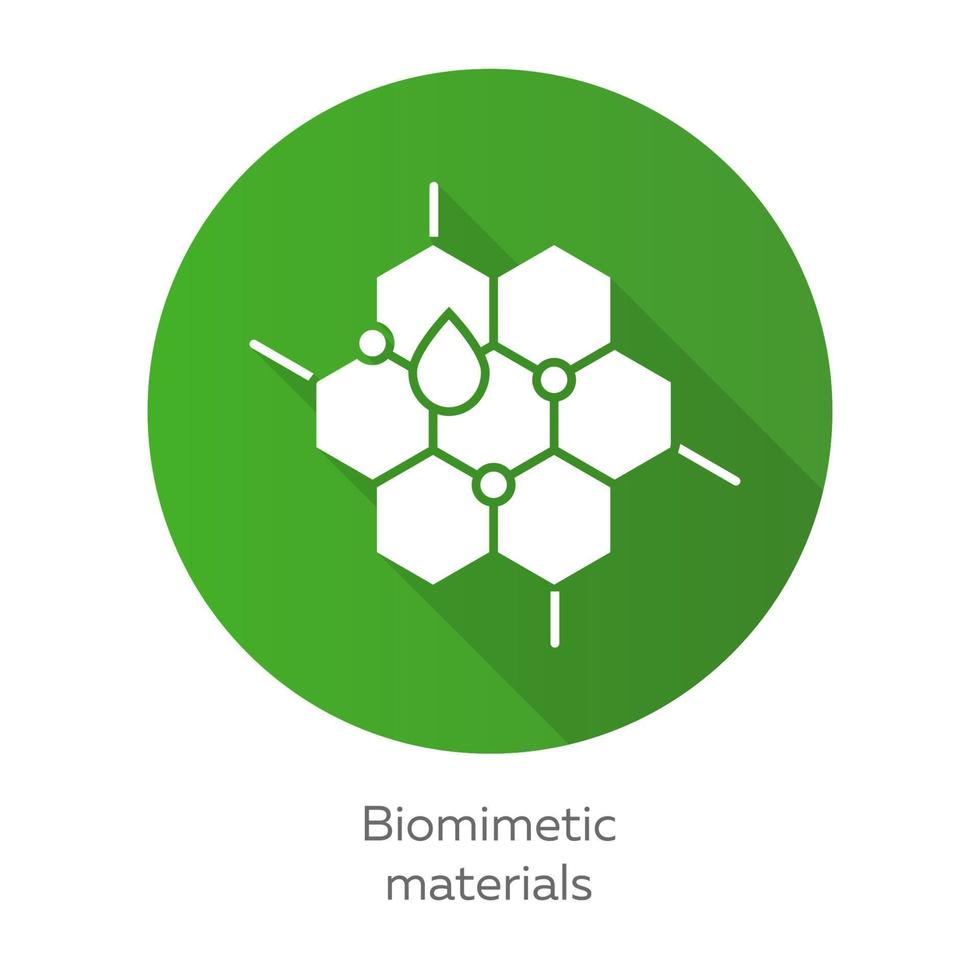 biomimetische Materialien grünes flaches Design lange Schatten-Glyphe-Symbol. Kopieren der natürlichen Formation. biologische Materialstruktur. Wabe, Wassertropfen. Biotechnik. Vektor-Silhouette-Illustration vektor