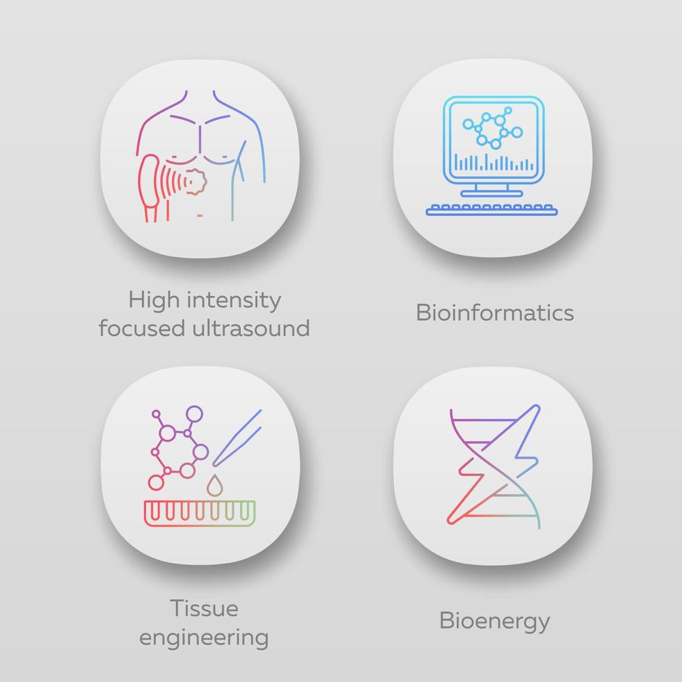 Biotechnologie-App-Symbole festgelegt. Biotechnik. Hifu, Bioinformatik, Tissue Engineering, Bioenergie. ui ux-benutzeroberfläche. Web- oder mobile Anwendungen. Vektor isolierte Illustrationen