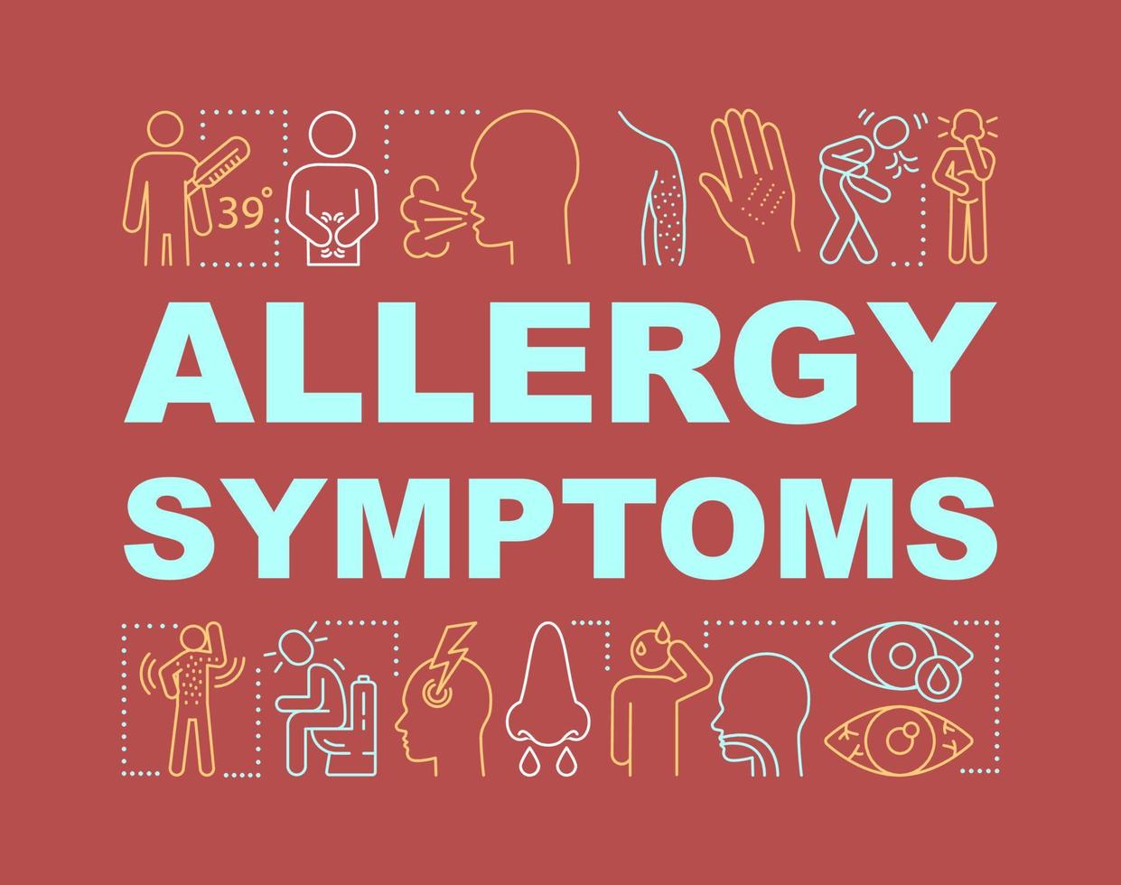 allergi symptom ord begrepp banner. organismreaktioner på allergener. feber, migrän. presentation, hemsida. isolerade bokstäver typografi idé med linjära ikoner. vektor kontur illustration