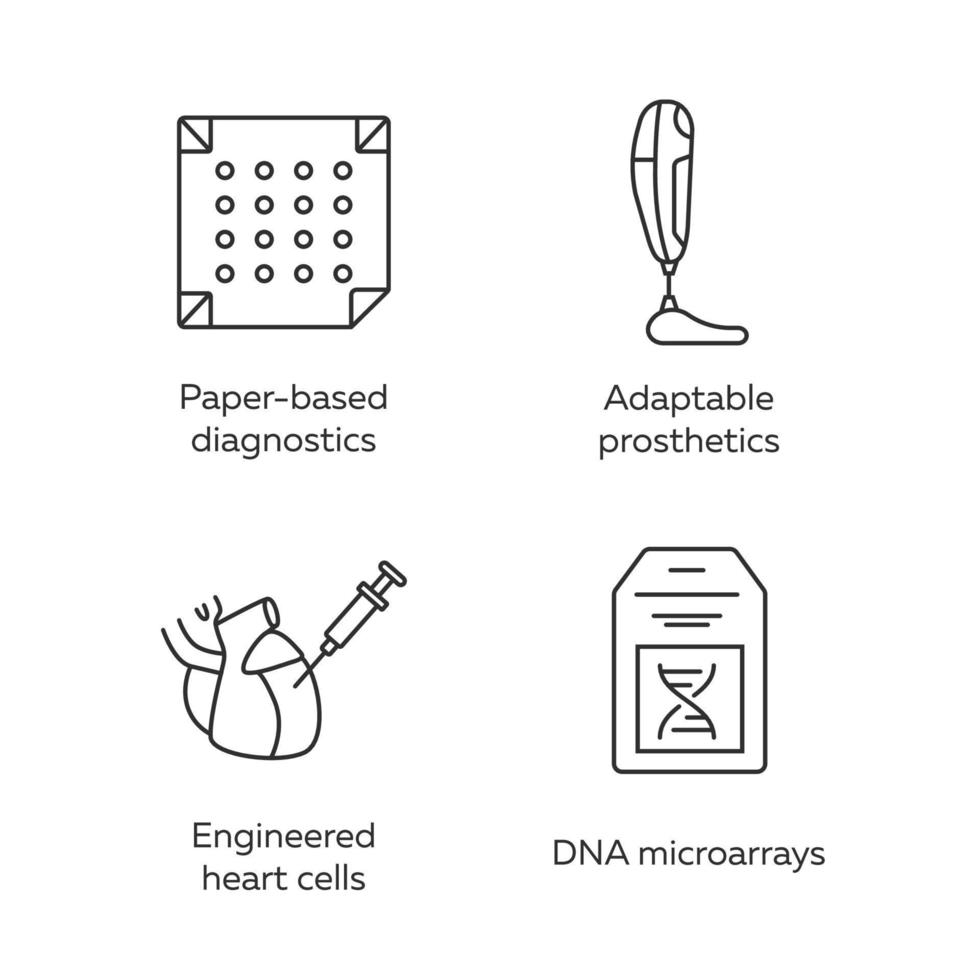 Bioengineering lineare Symbole gesetzt. Diagnostik, anpassungsfähige Prothetik, künstliche Herzzellen, DNA-Mikroarrays. dünne Linienkontursymbole. isolierte vektorumrissillustrationen. editierbarer Strich vektor