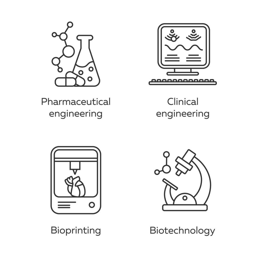 Bioengineering lineare Symbole gesetzt. pharmazeutische und klinische Technik, Bioprinting, Biotechnologie. dünne Linienkontursymbole. isolierte vektorumrissillustrationen. editierbarer Strich vektor
