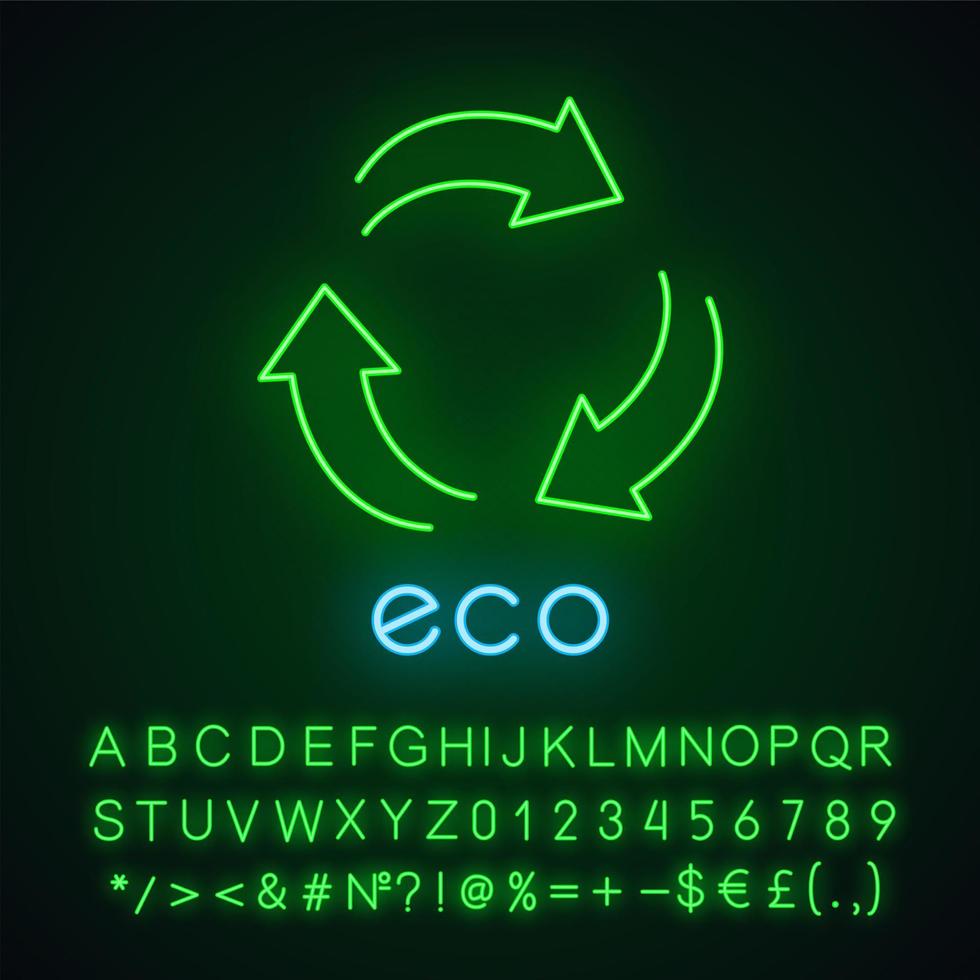 Symbol für Neonlicht mit Umweltzeichen. drei gebogene Pfeilzeichen. Recycling-Symbol. alternative Energie. Umweltschutz-Aufkleber. leuchtendes zeichen mit alphabet, zahlen und symbolen. vektor isolierte illustration