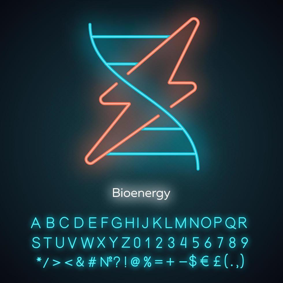 Symbol für Bioenergie-Neonlicht. Biotreibstoff. organisches Material zur Erzeugung erneuerbarer Energie. Umwandlung von Biomasse in Strom. leuchtendes zeichen mit alphabet, zahlen und symbolen. vektor isolierte illustration