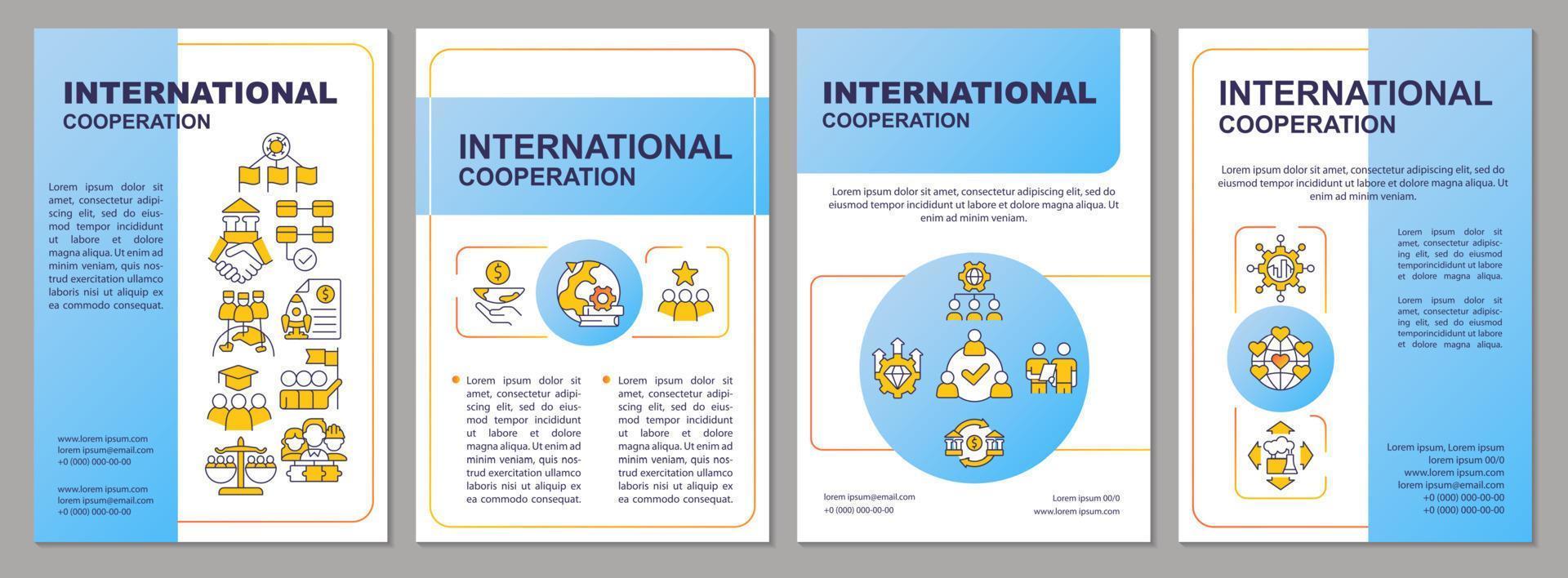 blaue broschürenvorlage für globale zusammenarbeit. Weltbeziehungen. Broschürendesign mit linearen Symbolen. 4 Vektorlayouts für Präsentationen, Jahresberichte. vektor