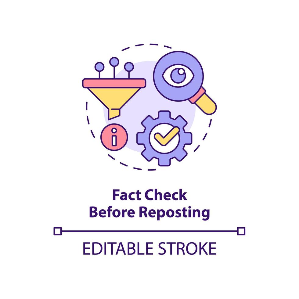 Faktencheck vor dem Umbuchen des Konzeptsymbols. Internet-Kommunikation. netiquette regel abstrakte idee dünne linie illustration. isolierte Umrisszeichnung. editierbarer Strich. vektor