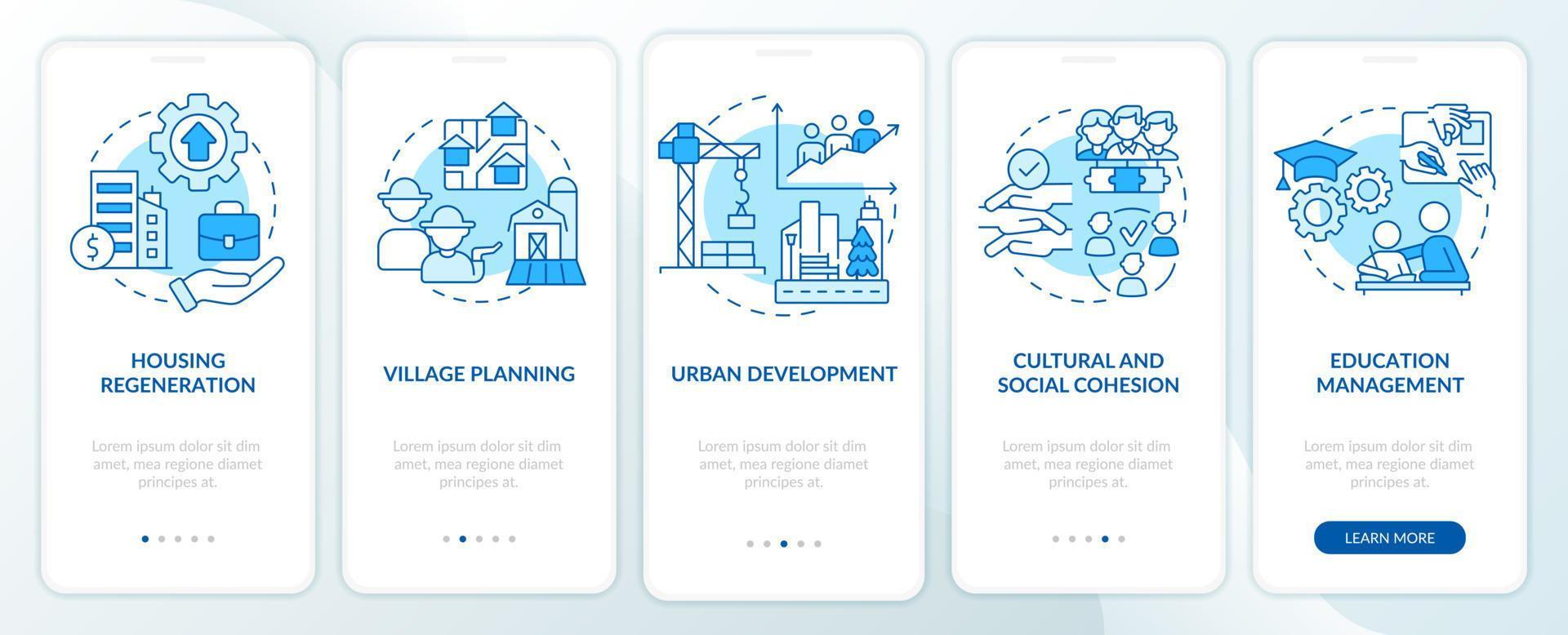 social planering instanser blå onboarding mobil app skärm. genomgång 5 steg grafiska instruktioner sidor med linjära koncept. ui, ux, gui mall. vektor