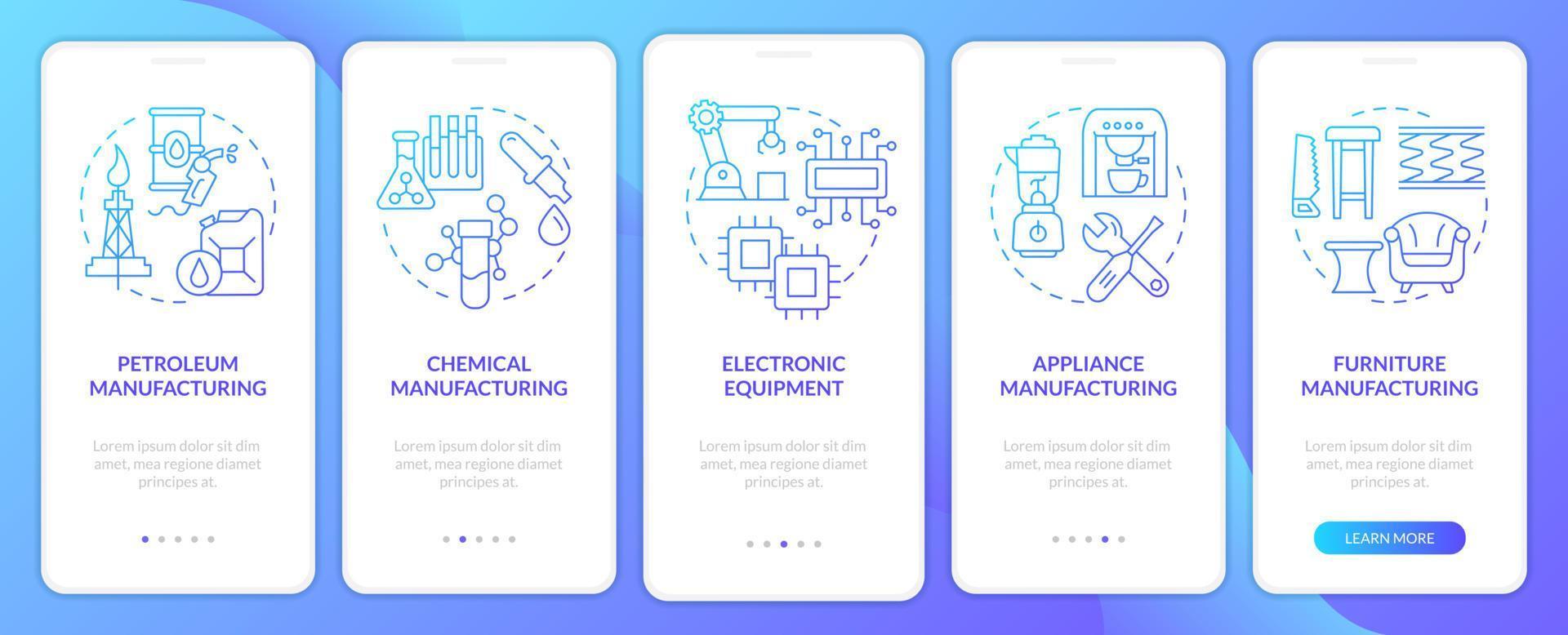 Produktionsuntersektoren blauer Farbverlauf beim Onboarding des Bildschirms der mobilen App. Komplettlösung 5 Schritte grafische Anleitungsseiten mit linearen Konzepten. ui, ux, gui-Vorlage. vektor