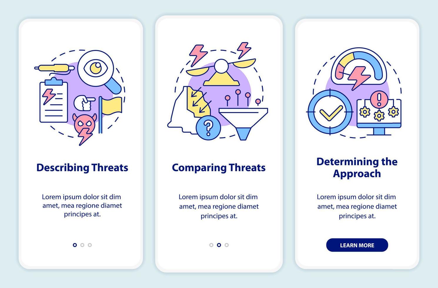 Umgang mit Bedrohungen der nationalen Sicherheit beim Onboarding auf dem Bildschirm der mobilen App. Komplettlösung 3 Schritte grafische Anleitungsseiten mit linearen Konzepten. ui, ux, gui-Vorlage. vektor