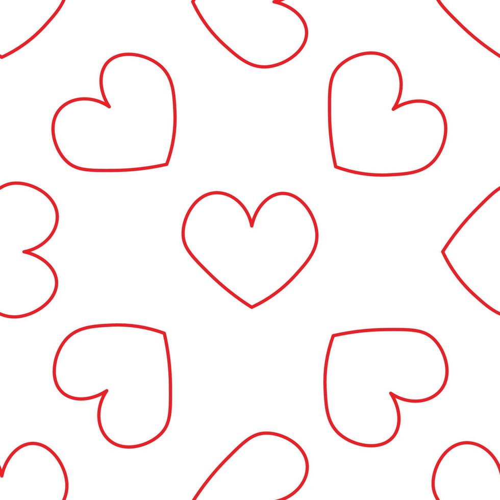 röda hjärtan i linjestil. sömlösa romantiska mönster. färgglada doodle hjärtan på vit vektor bakgrund. redo mall för design, vykort, print, affisch, fest, alla hjärtans dag, vintage textil.