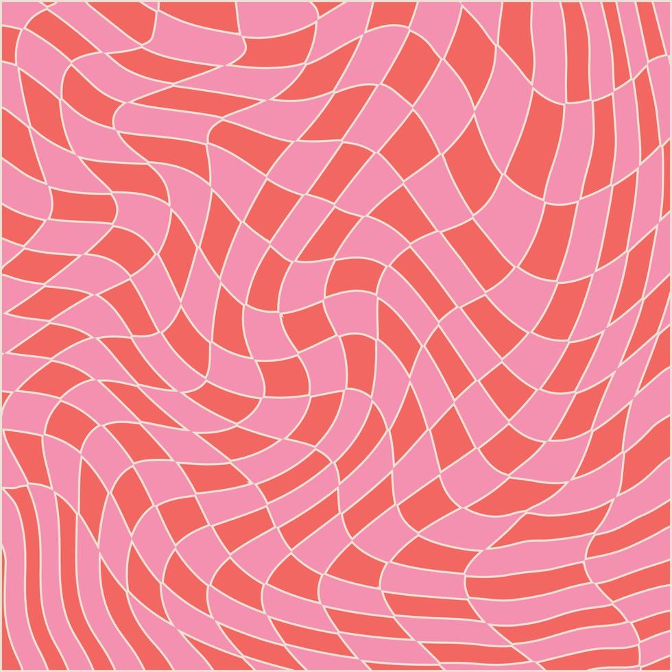 starker Hintergrund des gewellten Wirbels auf den roten und rosa Farben. Siebziger-Jahre-Stil, Hippie-Muster, psychedelisch verzerrte Wellentapete. hand gezeichnete lineare vektorillustration vektor