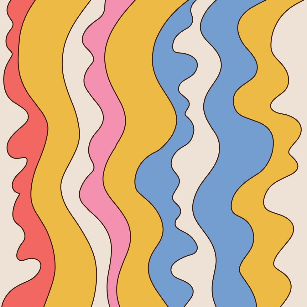 1960-talsbakgrund med flytande groovy linjer. Bakgrund i vintagestil med rosa, orange, lila och gula retroränder. affisch, presentkort, t-shirt, brevpapper. handritad linjär vektorillustration. vektor