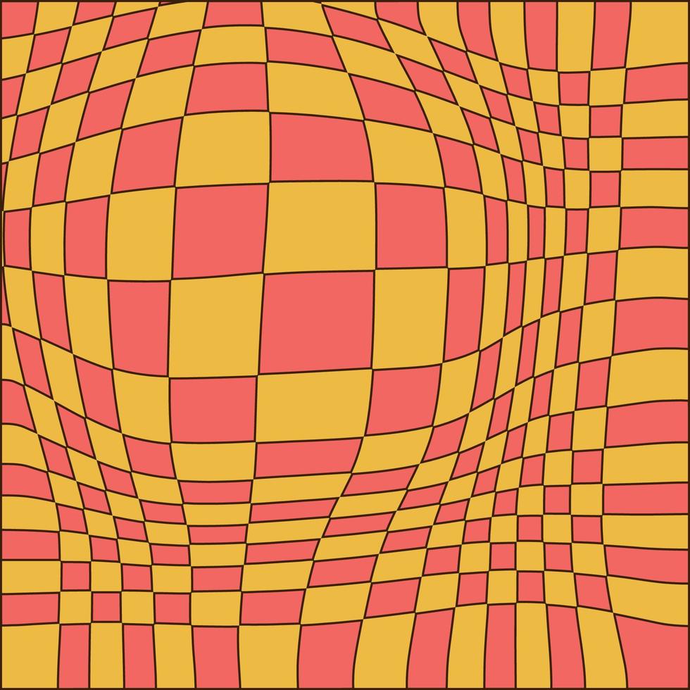 retro bakgrund med cyber förvrängd form, rutmönster. konvex geometri form i retro trippy 60-, 70-talsstil. vektor illustration.