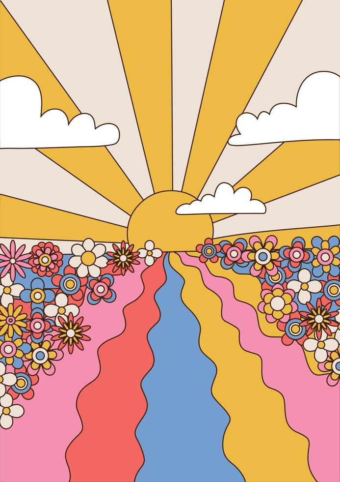 psykedeliskt konstlandskap med solnedgång, himmel och blomsterfält, 1960-tals hippieillustrationer med moln, vågor och solstrålar. vektor handritad bakgrund.