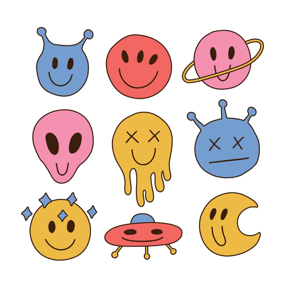 rolig groovy retro rymd emoji set. färgglada hipsterklistermärken med ufo, planet, måne, främmande former. designelement för utskrift. tecknad handritad vektorsamling isolerad på vit bakgrund vektor