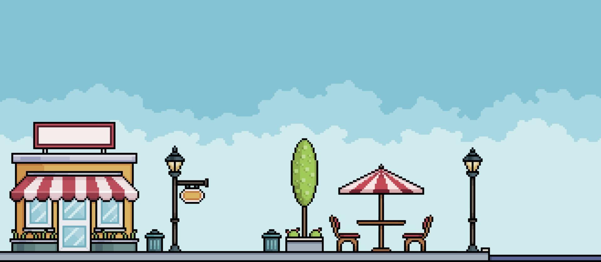 pixelkonstbutik på parktorget med träd, stolpar och stadslandskap för bord. stadsbildsbakgrund för 8-bitars spel vektor