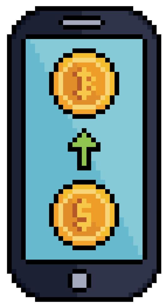 Pixel Art Bitcoin auf dem Handy kaufen. Symbol für Investitionen in Kryptowährungen für 8-Bit-Spiele auf weißem Hintergrund vektor