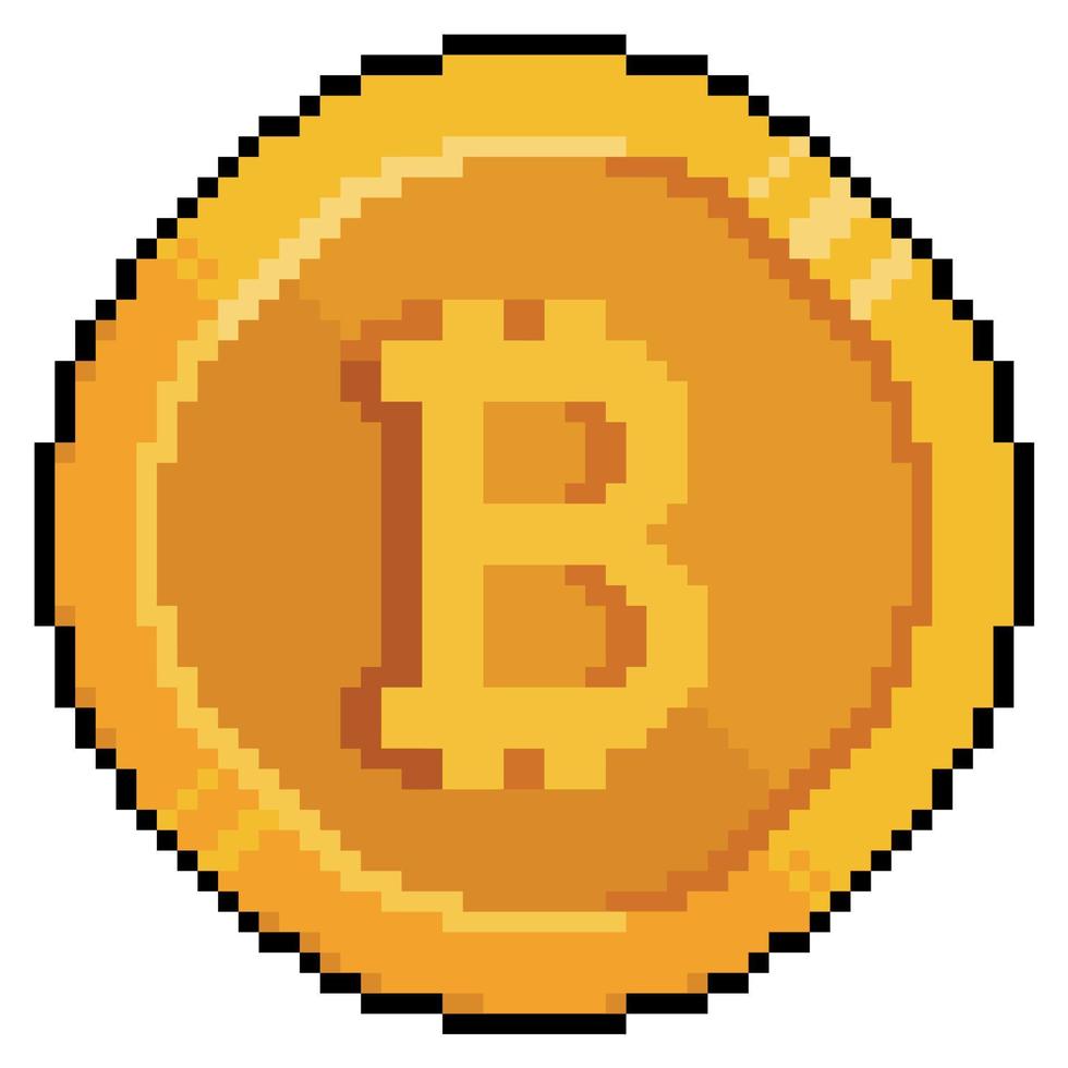 Pixelkunst-Bitcoin, Goldmünze, Kryptowährungsvektorsymbol für 8-Bit-Spiel auf weißem Hintergrund vektor
