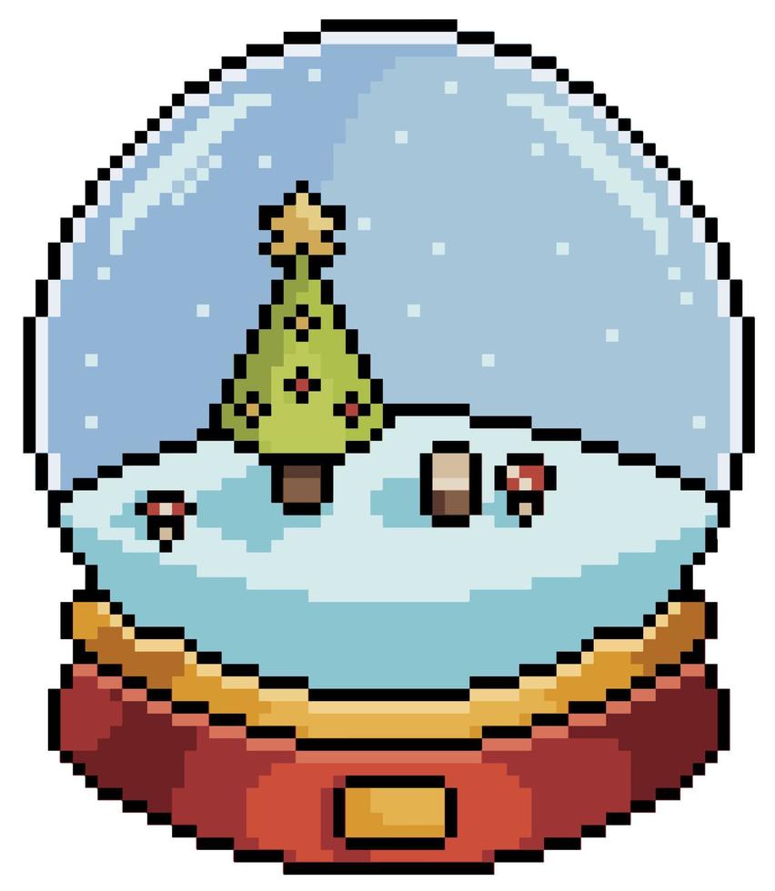 pixel art jul snöglob med julgran objekt för spel 8bit på vit bakgrund vektor