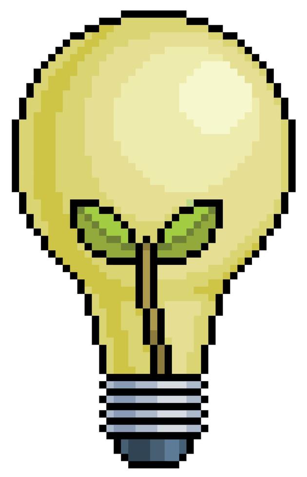 Pixelkunstlampe mit Pflanze, grüner Energie und ökologischem Symbol für 8-Bit-Spiel auf weißem Hintergrund vektor