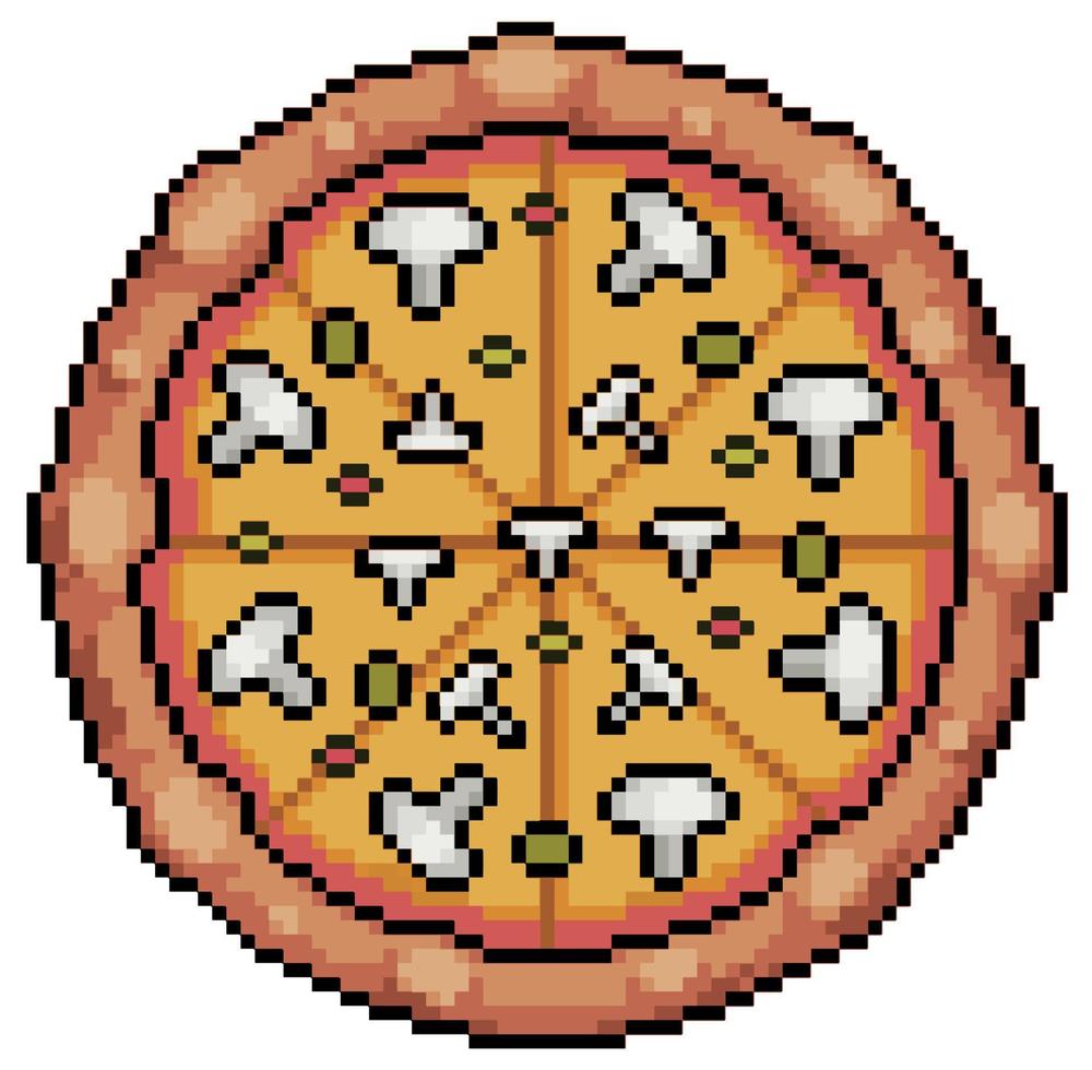 Pixelkunst-Pilzpizza-Vektorsymbol für 8-Bit-Spiel auf weißem Hintergrund vektor