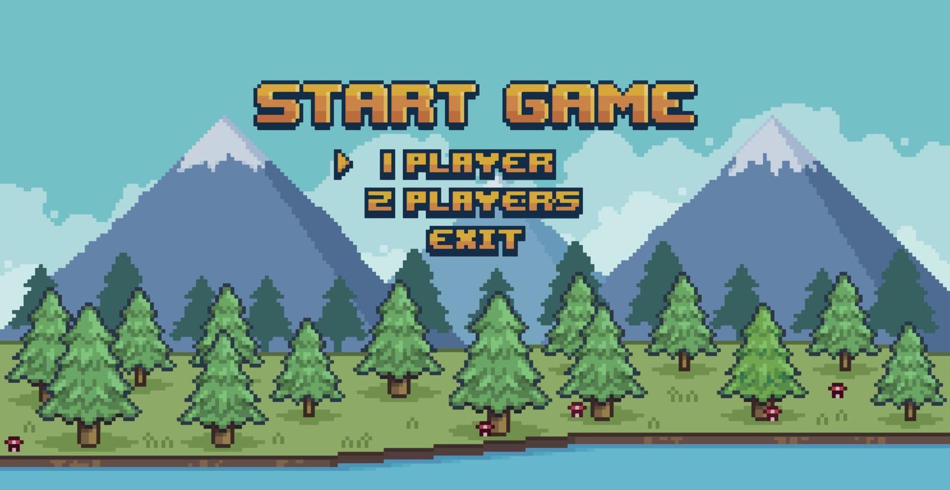 Pixel-Art-Wald-Spielmenü. Kiefernwaldszene mit See und Bergen 8-Bit-Vektorhintergrund vektor