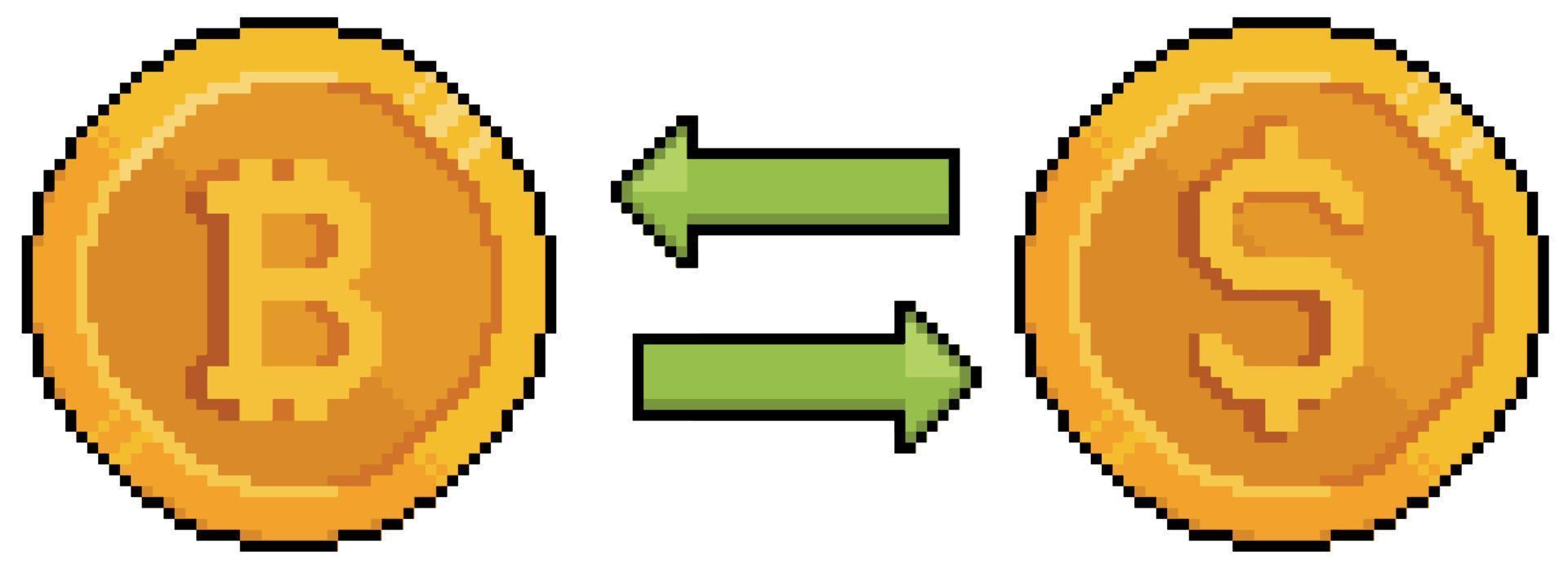 pixel art bitcoin och dollar, konvertera bitcoin till dollar. investeringar och finansiering. 8-bitars spelikon på vit bakgrund vektor