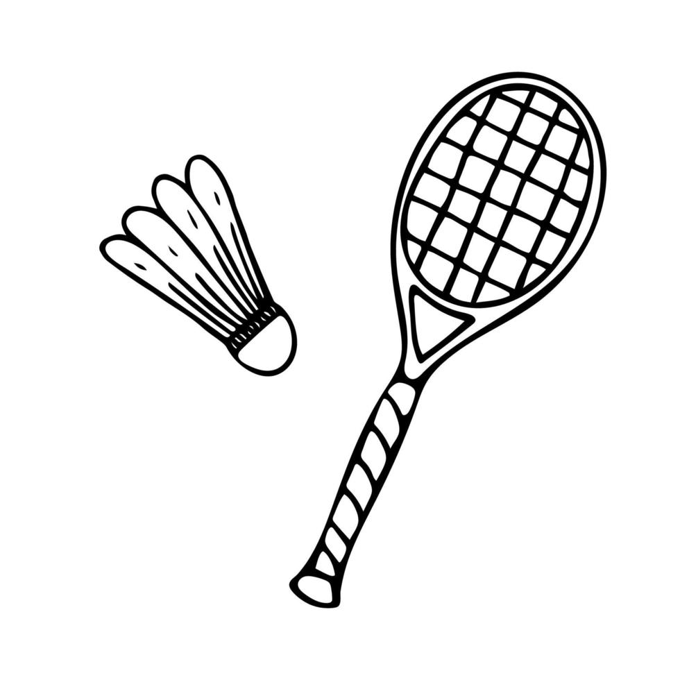 handritad doodle fjäderboll och racket. vektor badmintonutrustning. översikt.