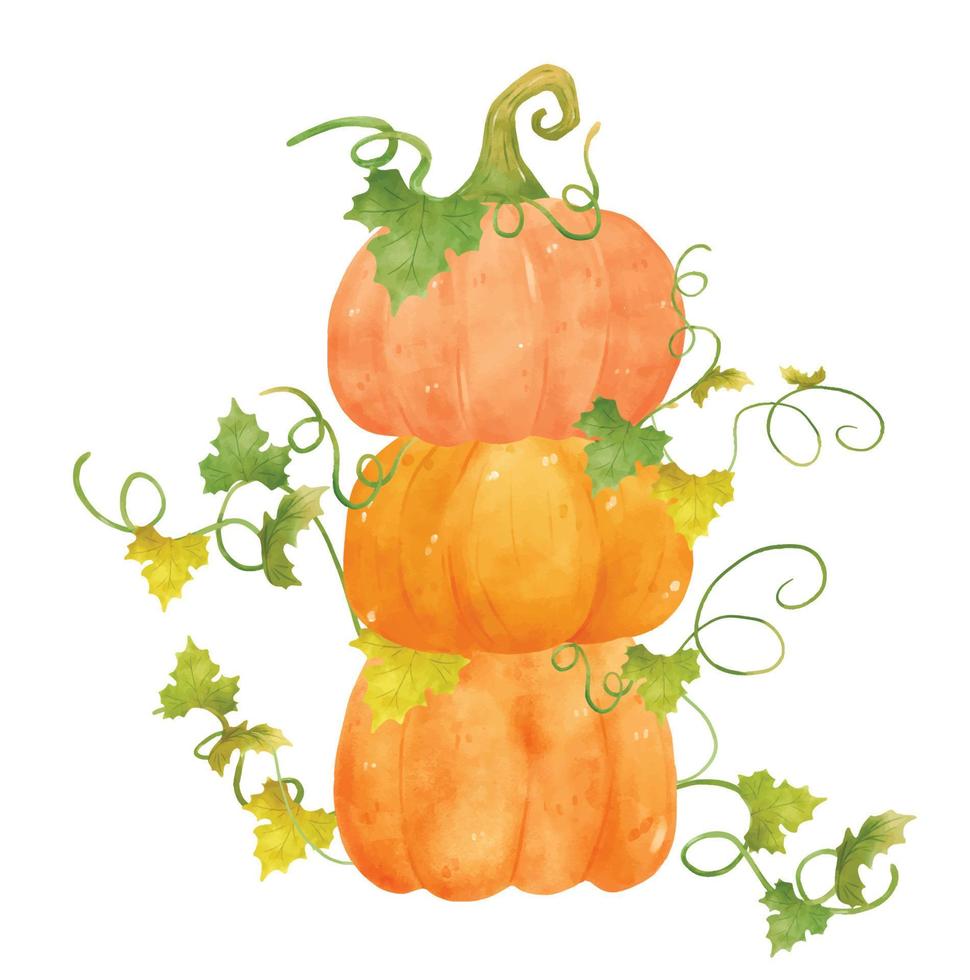 staplade orange pumpking akvarell med löv och vinstockar handritad illustration vecotr vektor