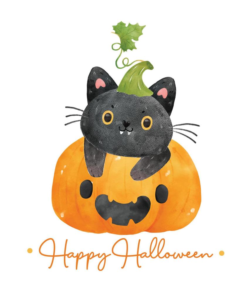 süße aquarellschwarze kätzchenkatze auf orangefarbenem kürbislaternenkürbis, fröhliches halloween, karikaturtierhaustierhandmalerei vektorillustration vektor