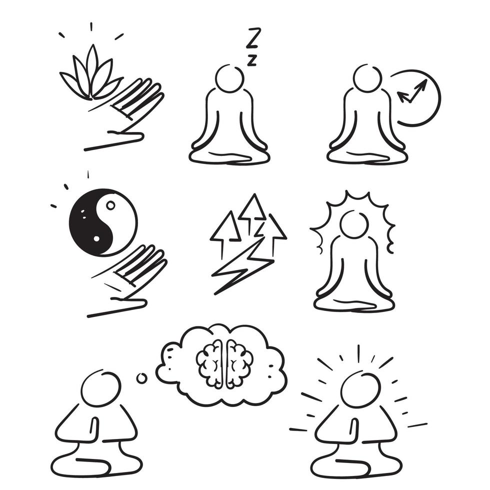 hand gezeichneter gekritzelsatz des meditationsbezogenen illustrationsvektors vektor