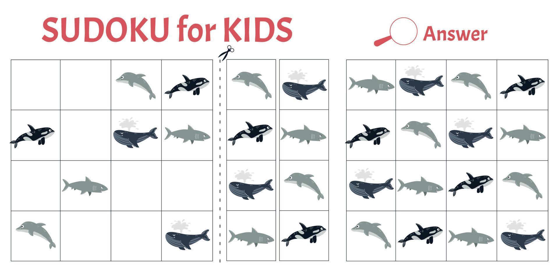 Sudoku-Spiel für Kinder mit Bildern von Meerestieren. Aktivitätsblatt für Kinder. Vektor-Illustration-Cartoon-Stil vektor