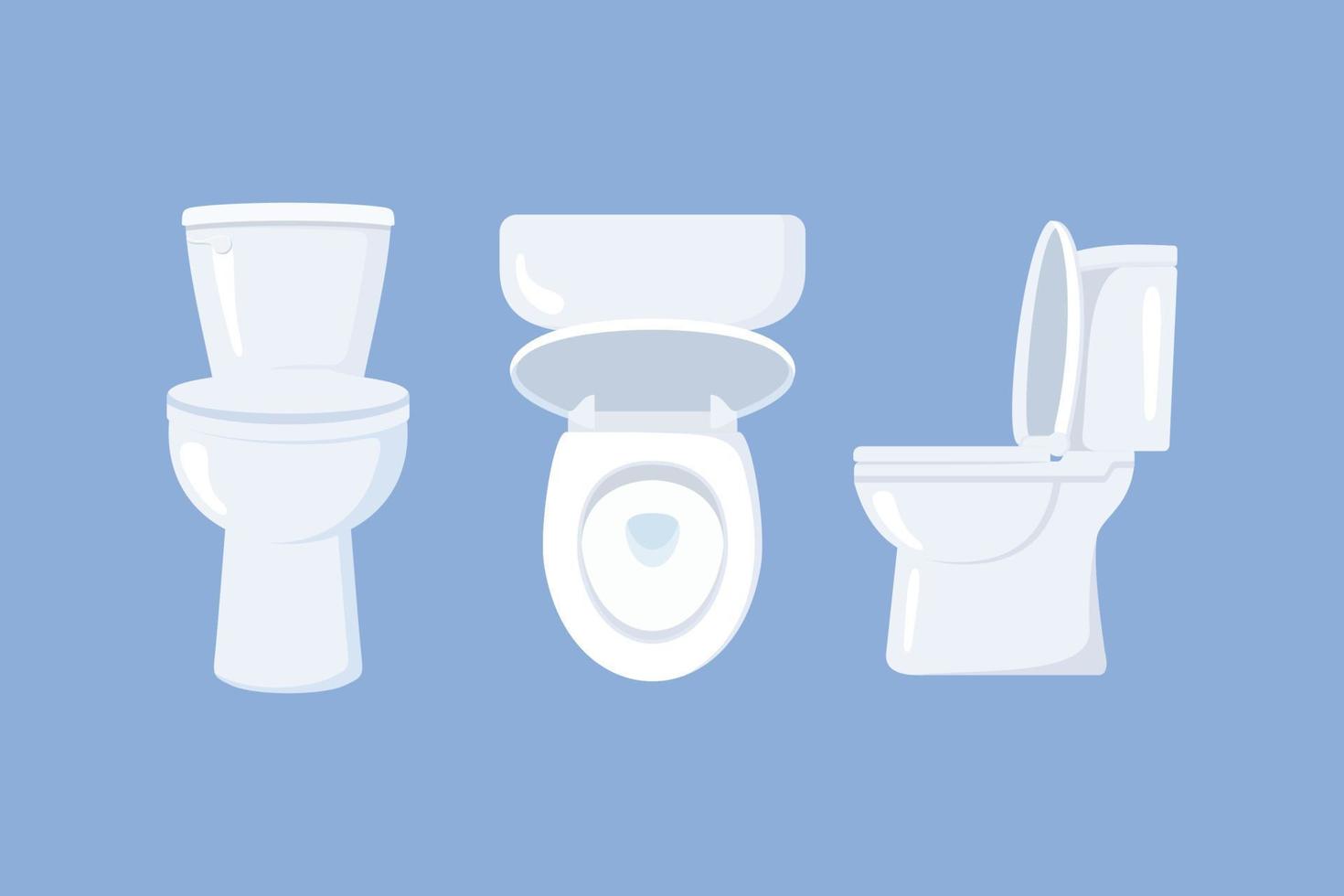 vit keramisk toalett från sidan och framifrån ovanifrån. moderna toaletter är arrangerade i platt stil. vektor illustration