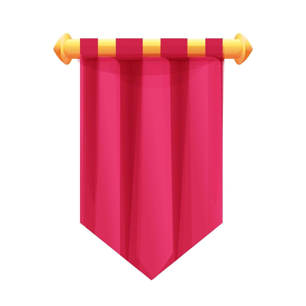 röd hängande medeltida bannerflagga med tygstruktur och gyllene dekoration i tecknad stil isolerad på vit bakgrund. ui-speltillgång, heraldiskt designelement. vektor illustration