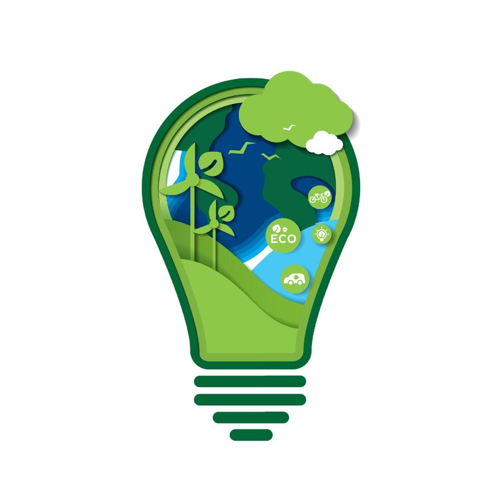 papierkunst der grünen ökologietechnologie und des naturkonzepts. sparen sie energie kreatives ideenkonzept. glühbirne mit natur- und umweltschutz. Vektordesign vektor