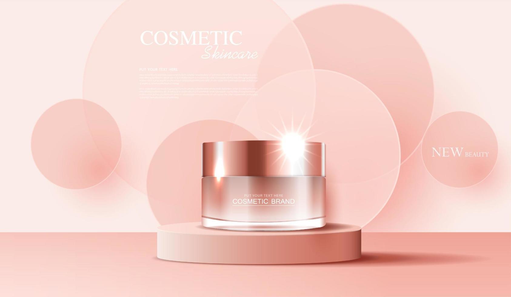 kosmetika eller hudvårdsprodukter annonser med flaska, bannerannons för skönhetsprodukter, rosa bakgrundsglittrande ljuseffekt. vektor design