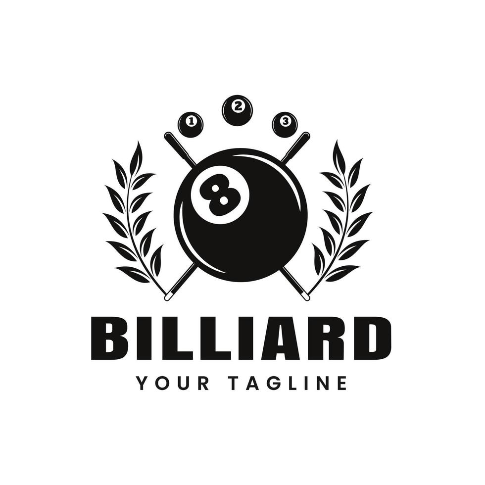 biljarddesignlogotyp som visar svart boll nummer 8, biljardrum, triangel eller poolklubb, biljardboll, ikon, symbol, mall vektor