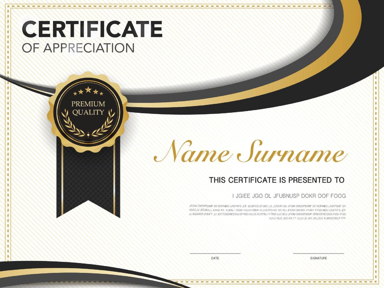 Diplom-Zertifikatsvorlage schwarz-goldene Farbe mit luxuriösem und modernem Vektorbild, Auszeichnung geeignet zur Wertschätzung. Vektorillustration eps10 vektor