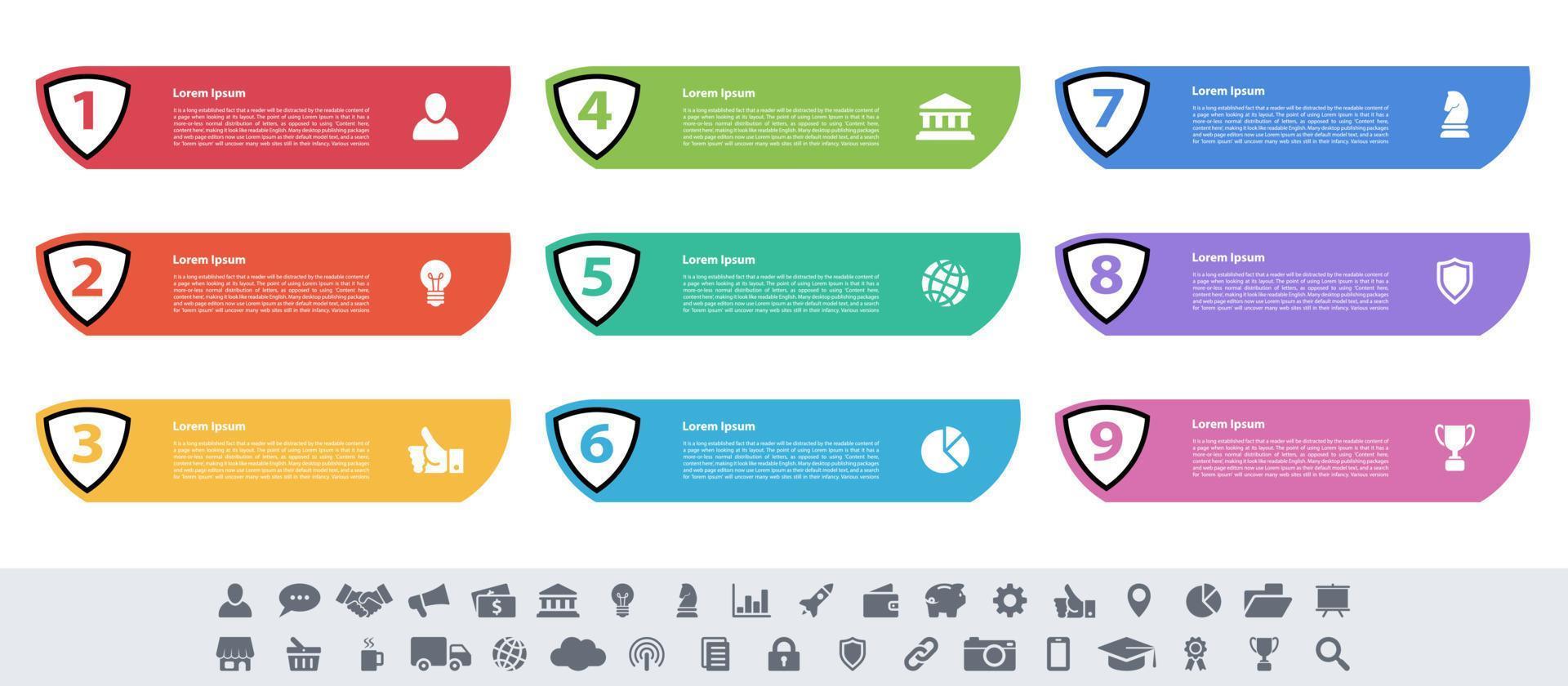 Infografik-Design-Geschäftskonzept-Vektorillustration mit 9 Schritten oder Optionen oder Prozessen stellen Arbeitsabläufe oder Diagramme oder Web-Button-Banner dar vektor