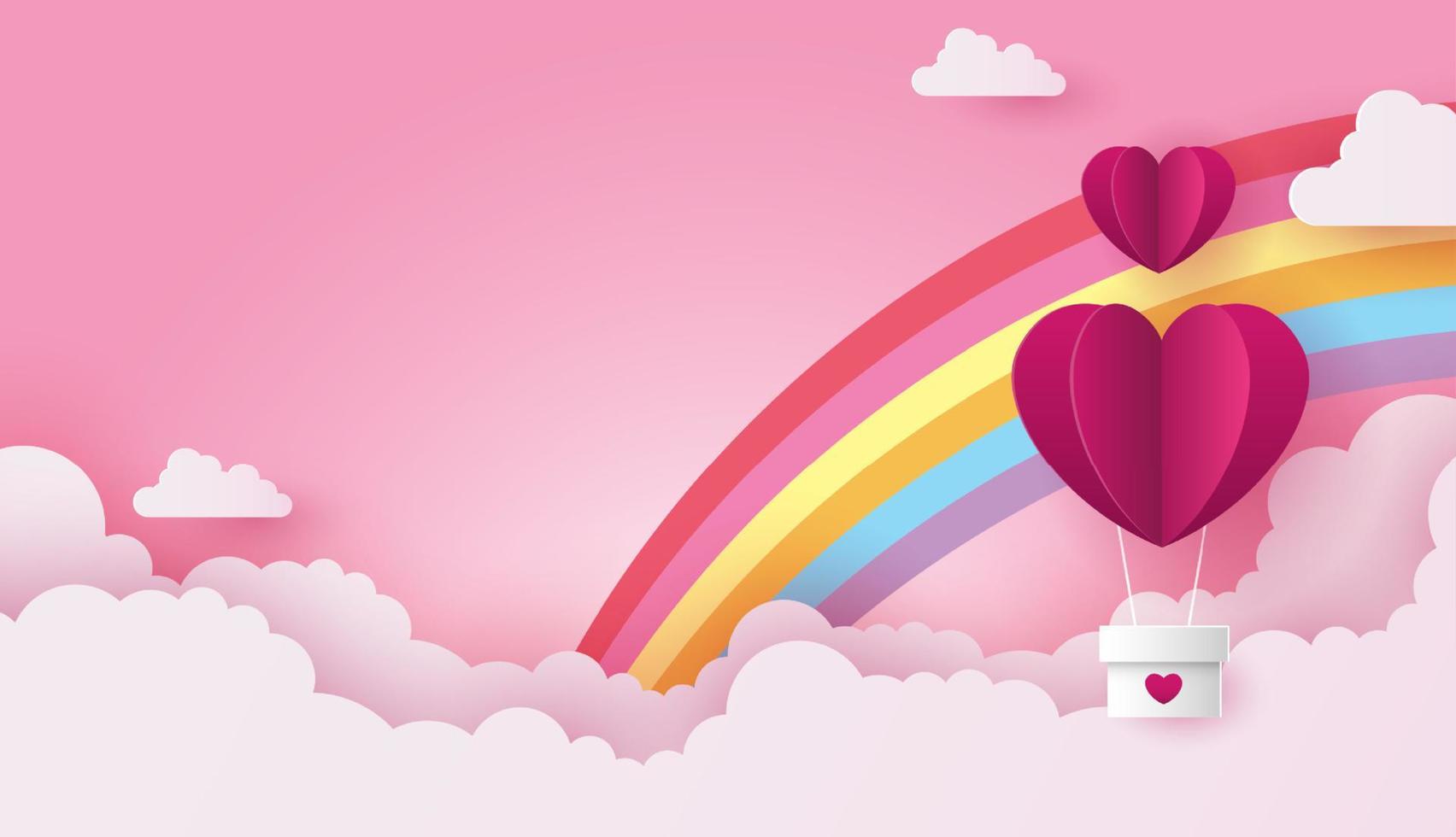 papierkunst der liebe und valentinstag mit papierherzballon und geschenkbox schweben am blauen himmel. kann für Tapeten, Einladungen, Poster, Banner verwendet werden. Vektordesign vektor