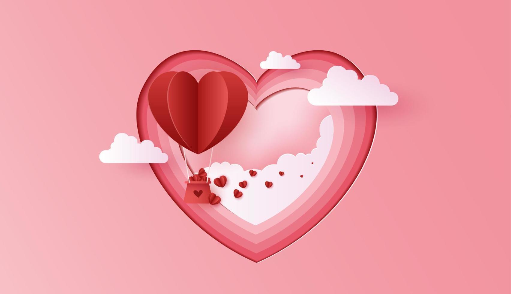 papperskonst av kärlek och alla hjärtans dag med pappershjärtaballong och presentförpackning flyter på den blå himlen. kan användas för tapeter, inbjudningar, affischer, banderoller. vektor design