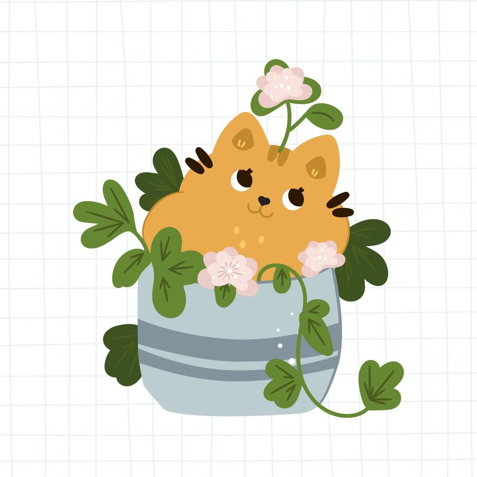Kätzchen in einem Topf mit einer Blume. hand gezeichnete flache vektorillustration, auf trendigem kariertem hintergrund. lustige Tierfiguren und Zimmerpflanzen. Zimmerpflanzen und Haustiere. vektor