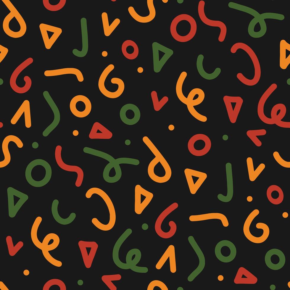 seamless abstrakt bakgrund med memphis element - linjer, trianglar, cirklar, virvlar i traditionell pan afrikansk flagga färg - röd, gul, grön. kwanzaa, svart historia månad, juni vektor