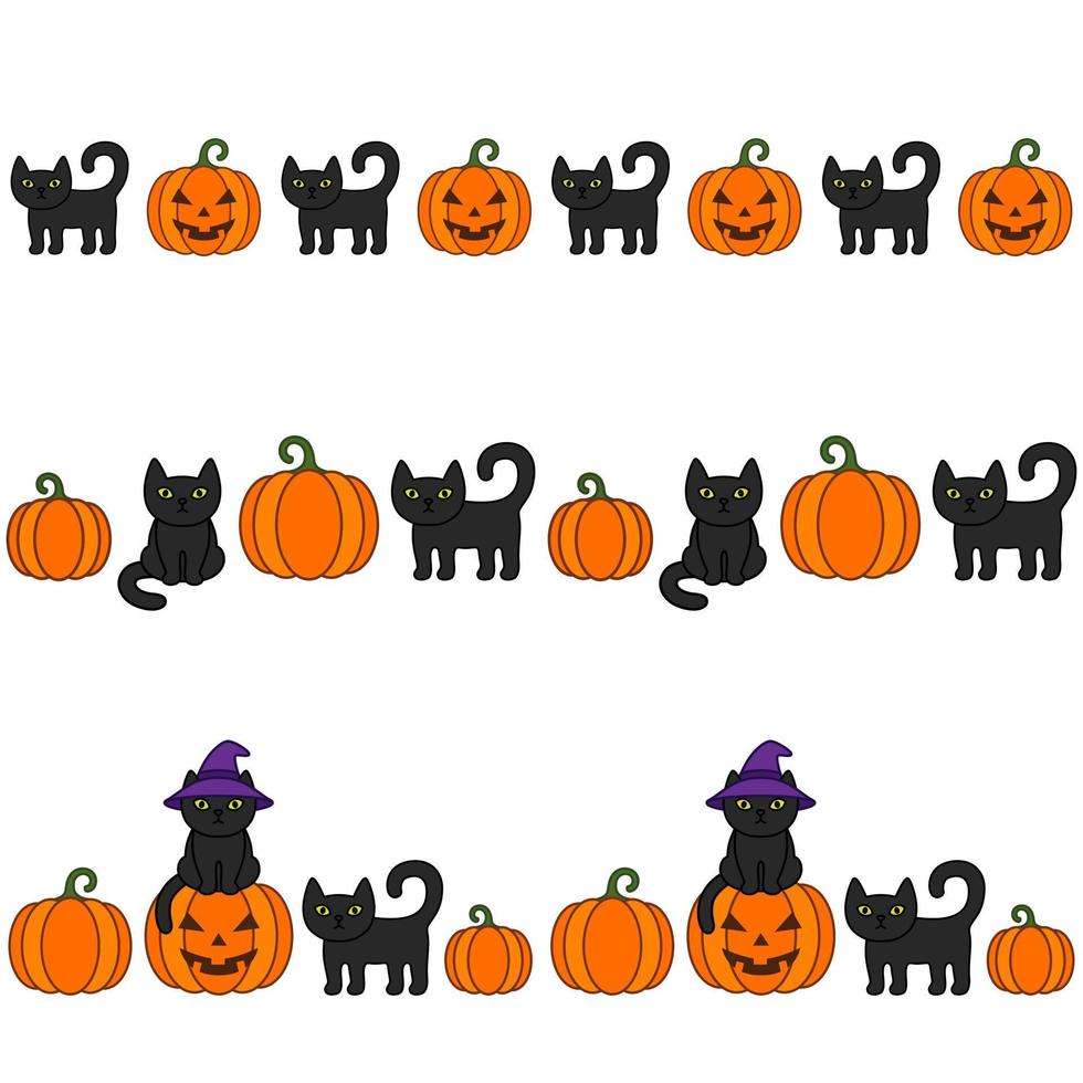 halloween border set med svarta katter och pumpor. svart katt i häxhatt. vektor