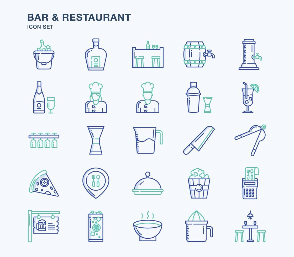 Bar und Restaurant umreißen farbiges Icon-Set vektor