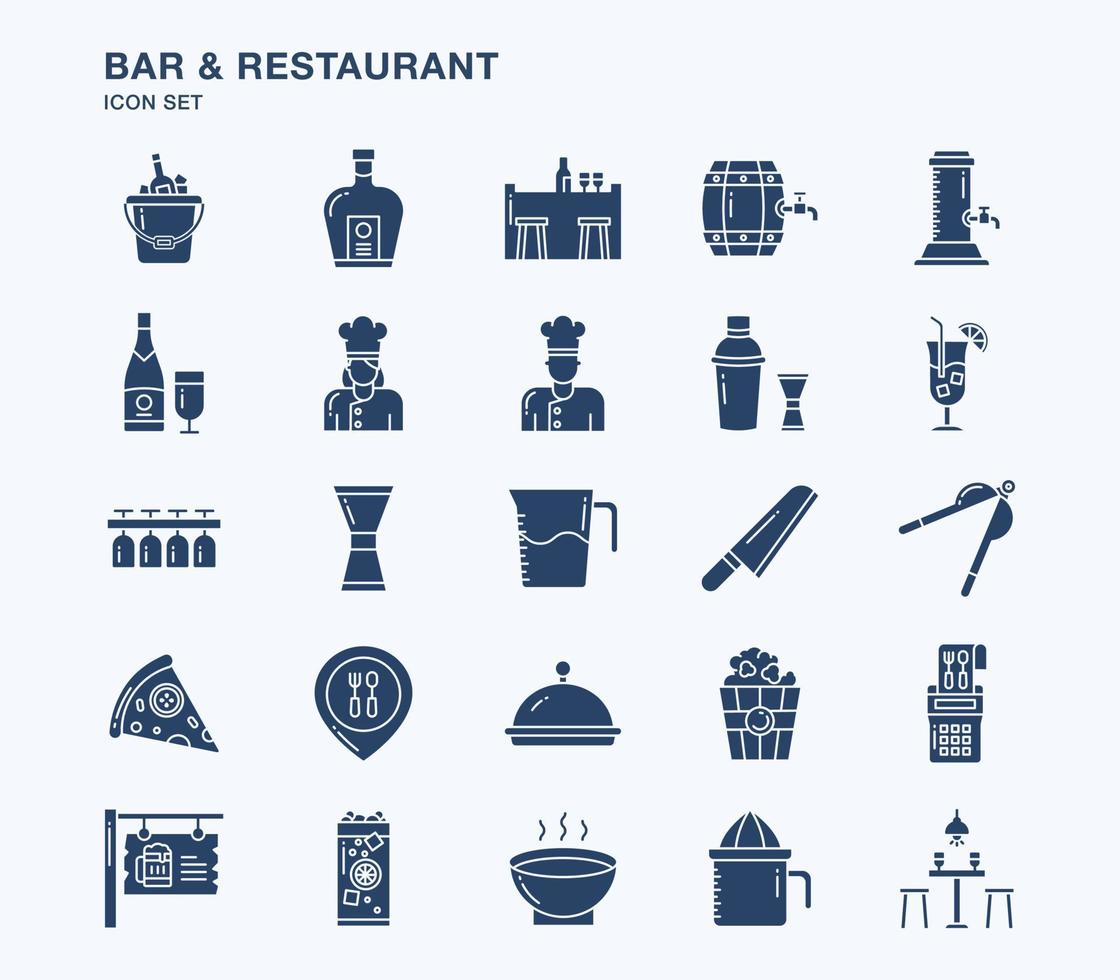 solides symbolset für bar und restaurant vektor