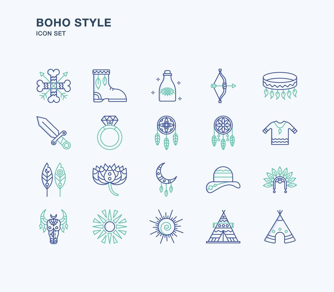 boho och tribal stil kontur färgade ikoner vektor
