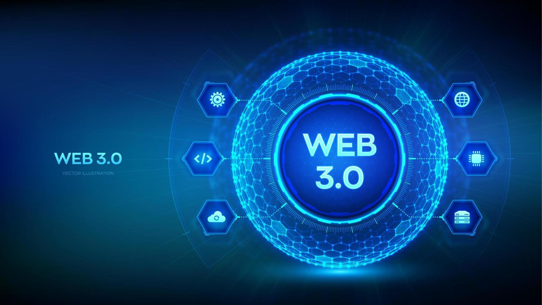 webb 3.0. ny generation av internet abstrakt koncept. blockchain decentraliserad teknik. digital kommunikation, ai och virtuell teknik. sexkantig rutnät sfär bakgrund. vektor illustration.